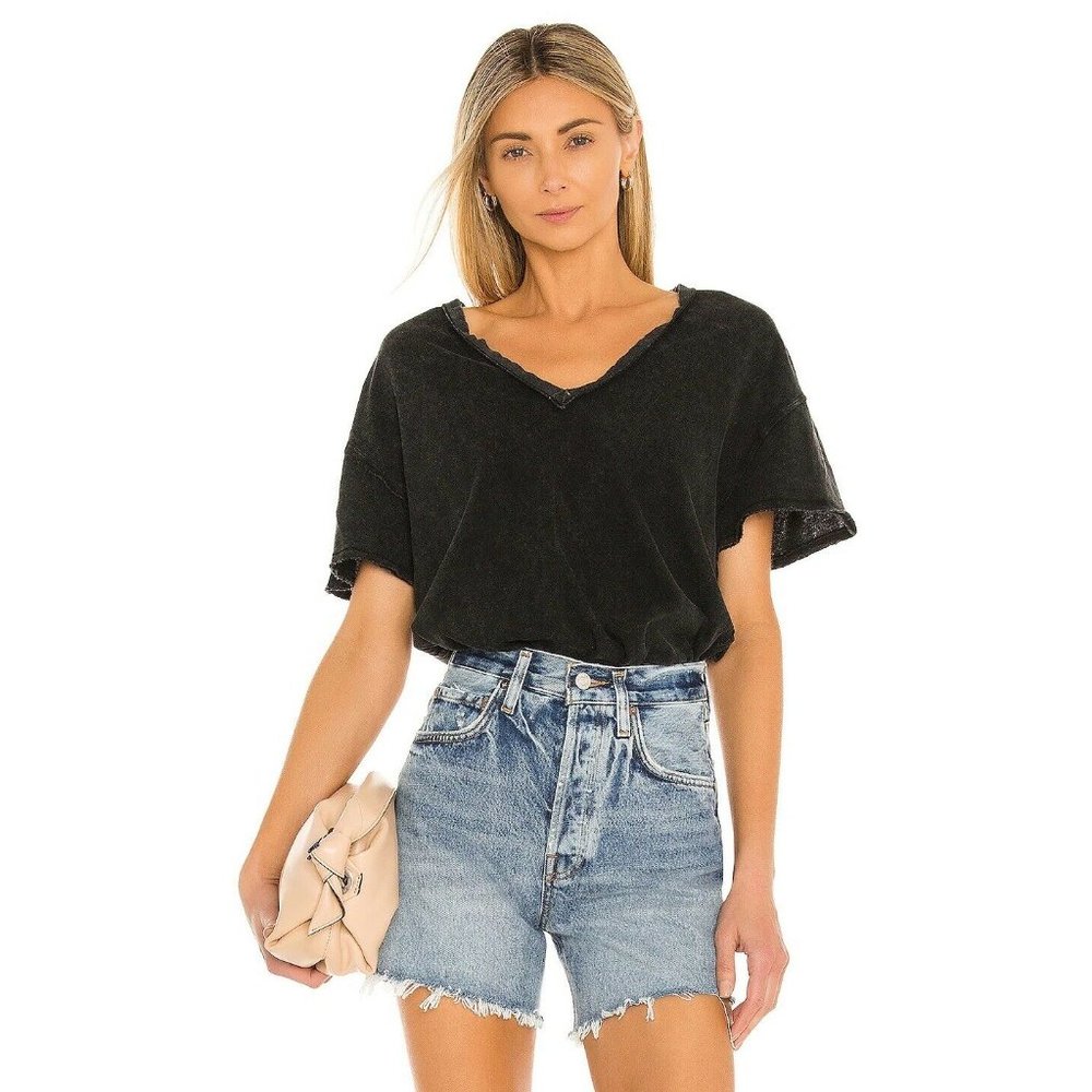 Free People Joni Raw Edge Distressed V Neck T Shirt Black Top Women’s Size XS